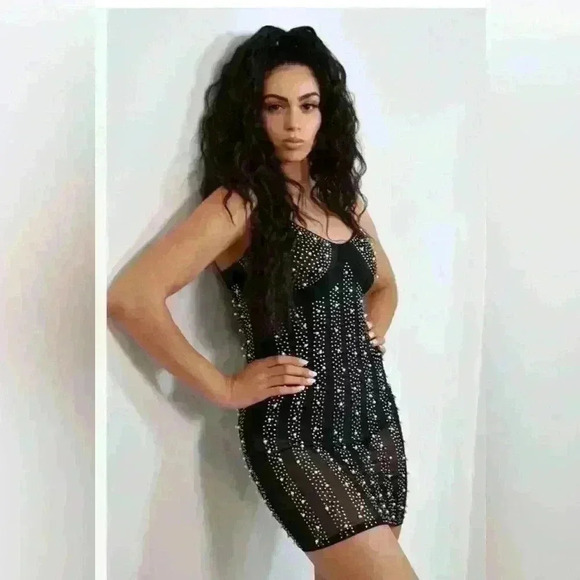 Women’s Light Sheer Top Layer Dress adorned in Rhinestones and Pearls Size Small - Picture 2 of 6